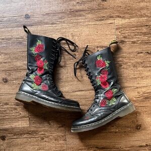 Dr. Martens Black Combat Boots with Red Rose Embroidery